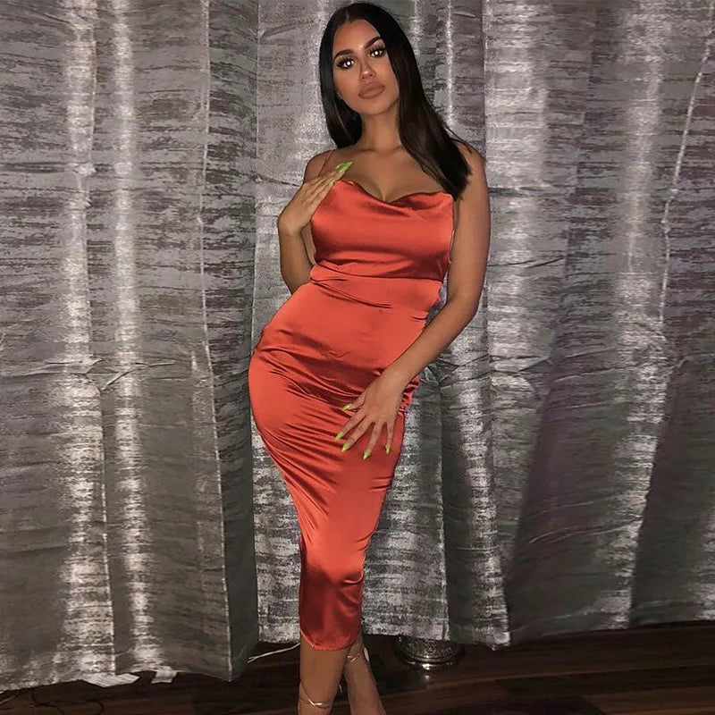 Women's Long Midi Dress -"Neon Satin Elegant sleeveless Bodycon"