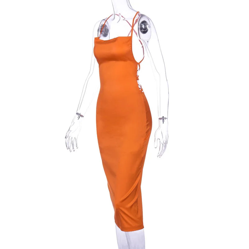 Women's Long Midi Dress -"Neon Satin Elegant sleeveless Bodycon"