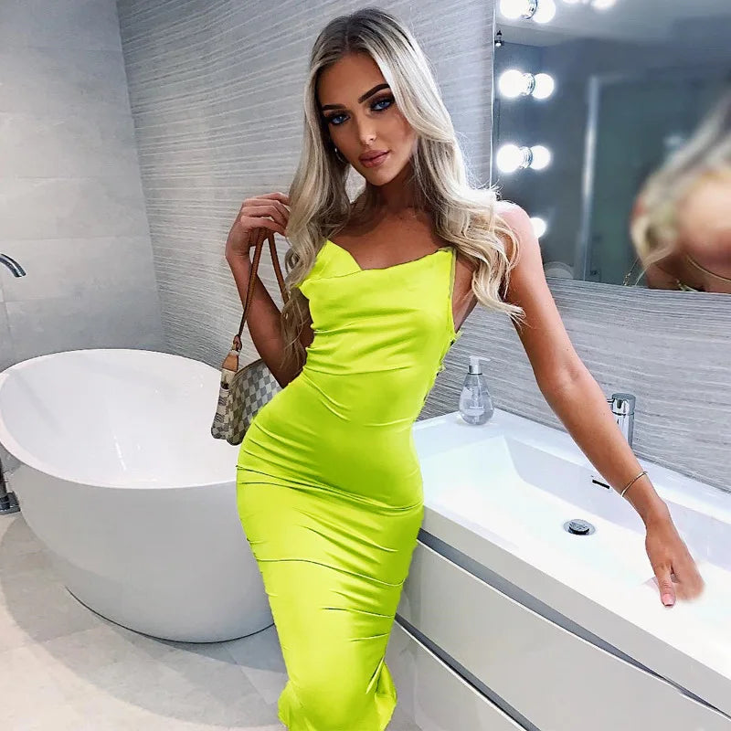 Women's Long Midi Dress -"Neon Satin Elegant sleeveless Bodycon"