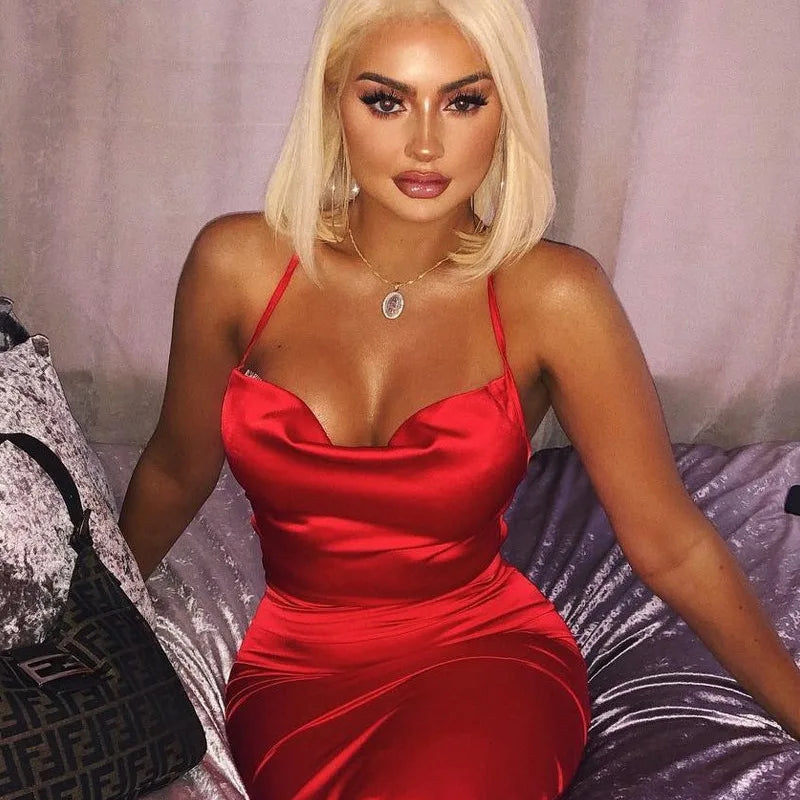 Women's Long Midi Dress -"Neon Satin Elegant sleeveless Bodycon"