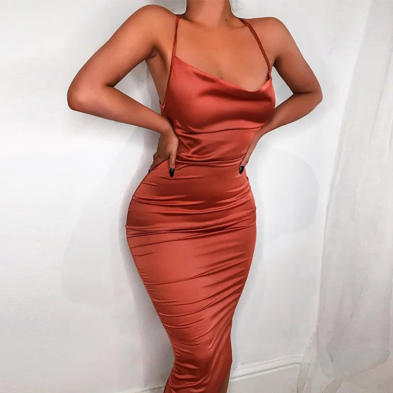 Women's Long Midi Dress -"Neon Satin Elegant sleeveless Bodycon"