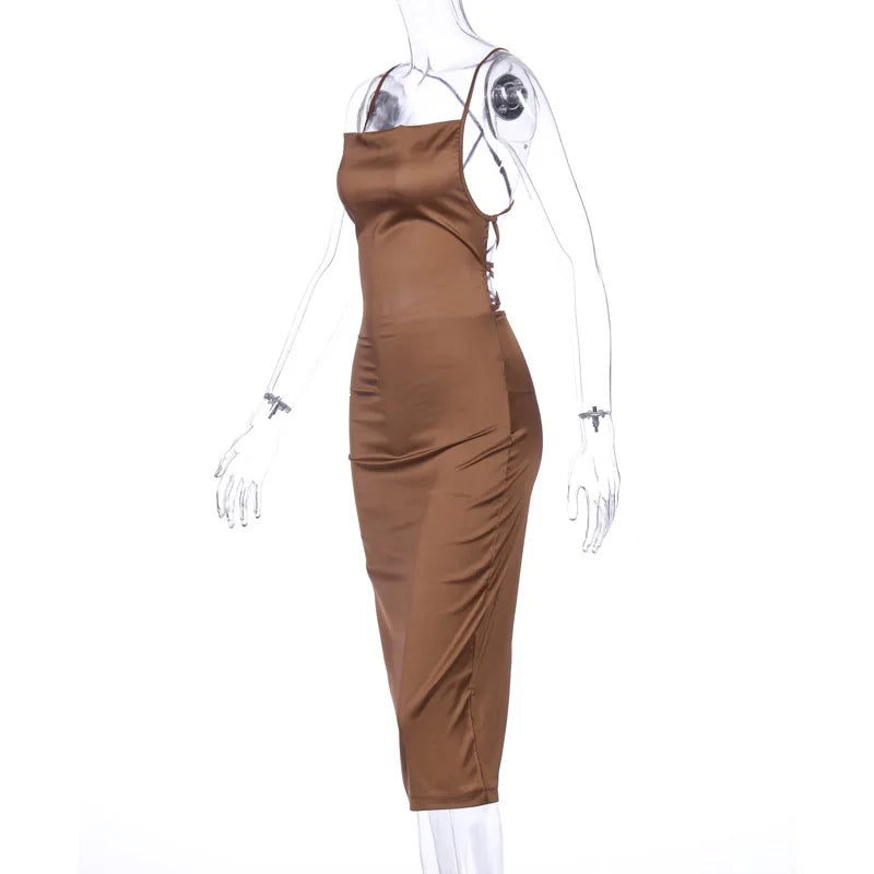 Women's Long Midi Dress -"Neon Satin Elegant sleeveless Bodycon"