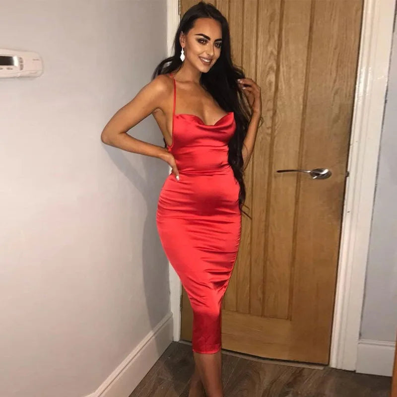 Women's Long Midi Dress -"Neon Satin Elegant sleeveless Bodycon"