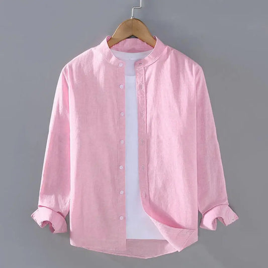 Flax Men Spring and Summer Stand Collar Long Sleeve Men's Shirt