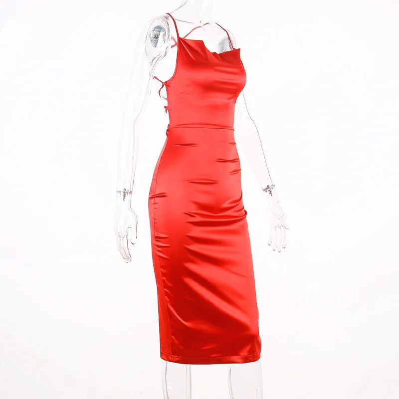 Women's Long Midi Dress -"Neon Satin Elegant sleeveless Bodycon"