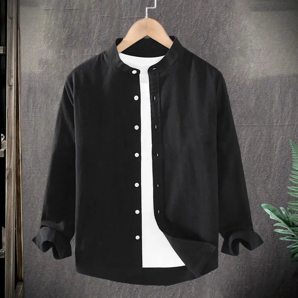 Flax Men Spring and Summer Stand Collar Long Sleeve Men's Shirt