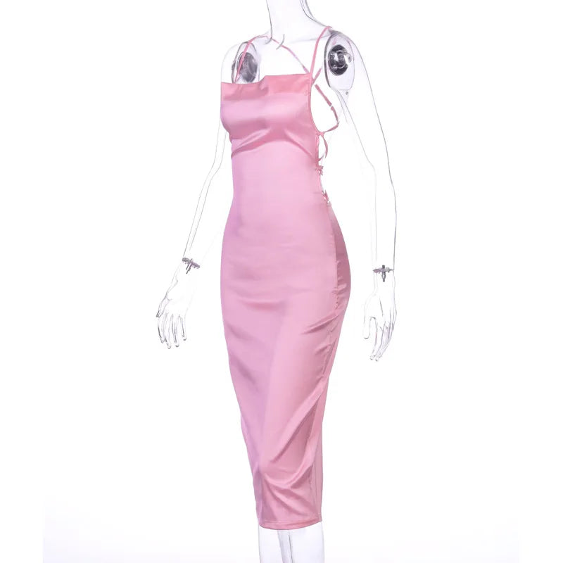 Women's Long Midi Dress -"Neon Satin Elegant sleeveless Bodycon"
