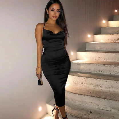 Women's Long Midi Dress -"Neon Satin Elegant sleeveless Bodycon"
