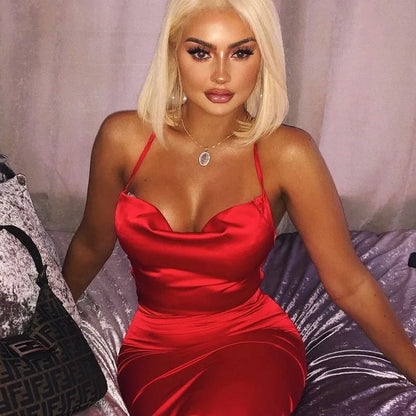 Women's Long Midi Dress -"Neon Satin Elegant sleeveless Bodycon"