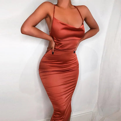 Women's Long Midi Dress -"Neon Satin Elegant sleeveless Bodycon"
