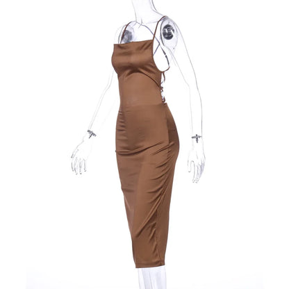Women's Long Midi Dress -"Neon Satin Elegant sleeveless Bodycon"