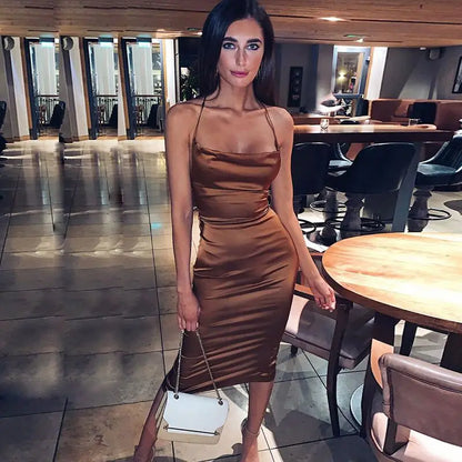 Women's Long Midi Dress -"Neon Satin Elegant sleeveless Bodycon"