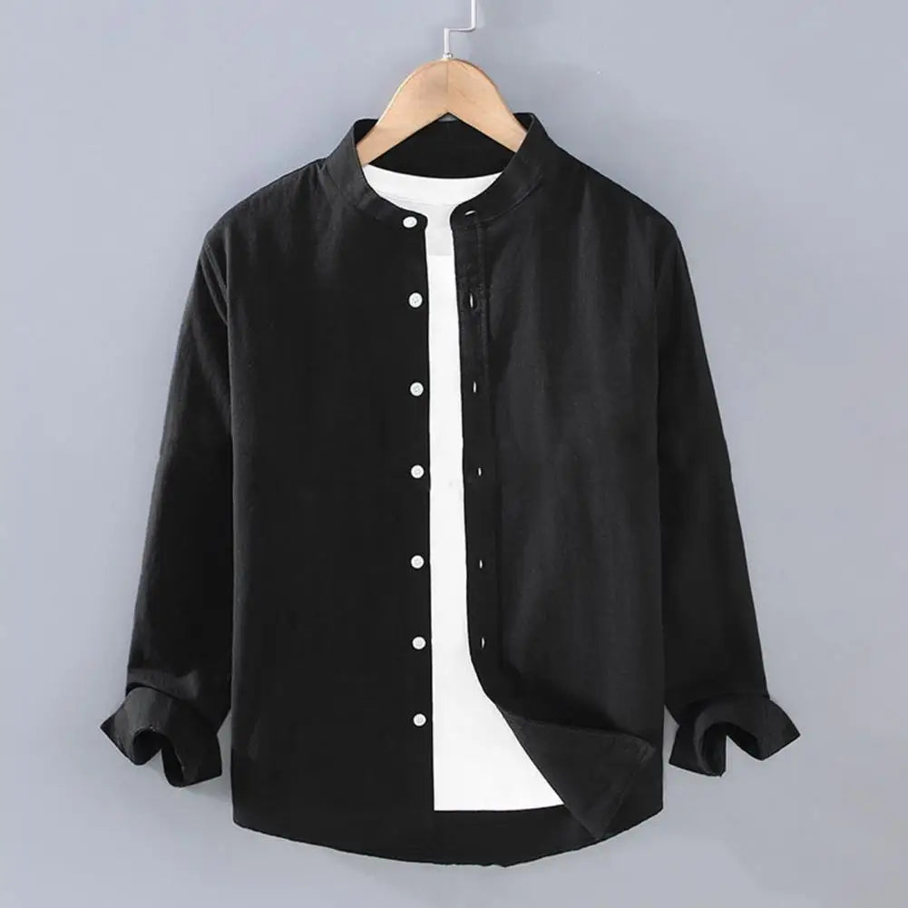 Flax Men Spring and Summer Stand Collar Long Sleeve Men's Shirt