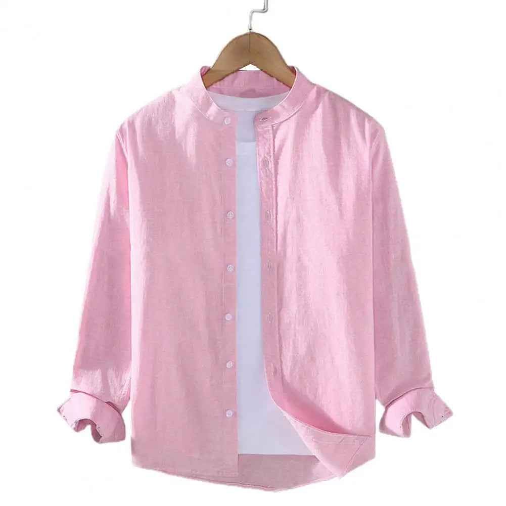 Flax Men Spring and Summer Stand Collar Long Sleeve Men's Shirt