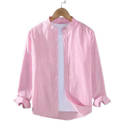 Flax Men Spring and Summer Stand Collar Long Sleeve Men's Shirt