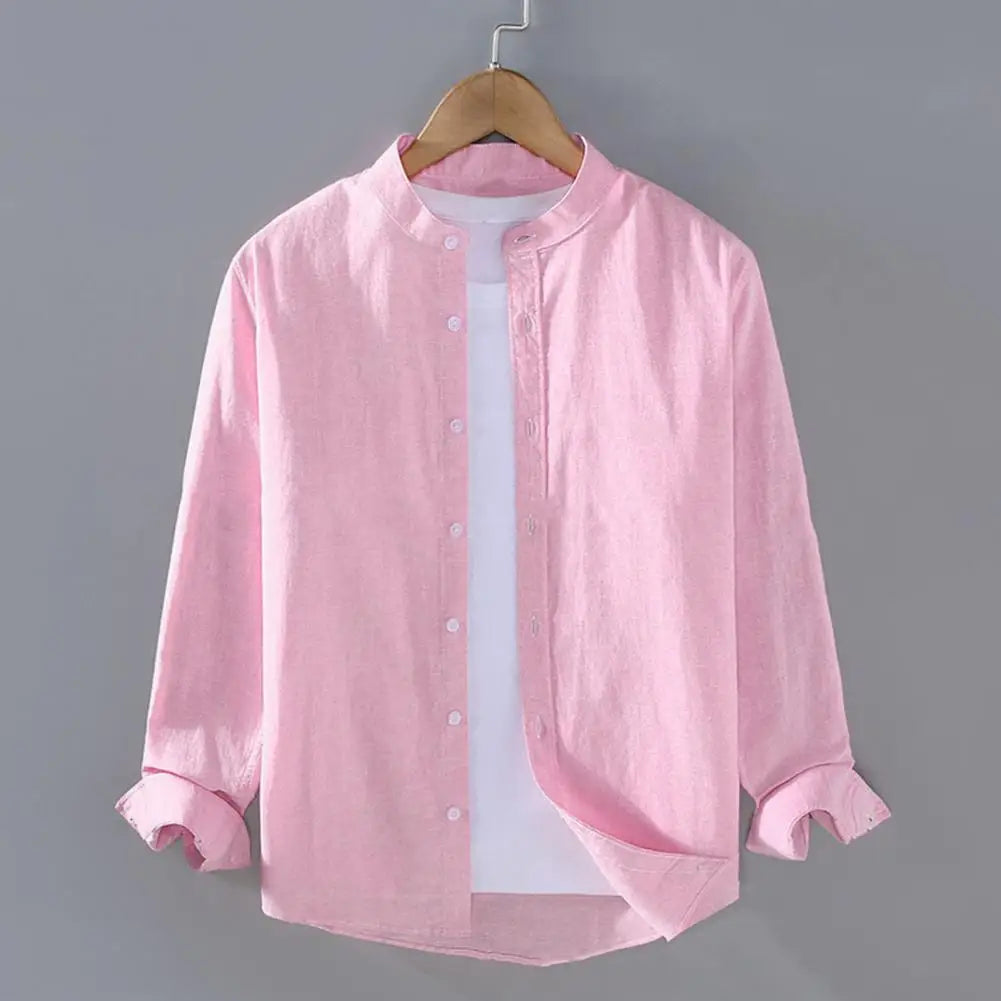 Flax Men Spring and Summer Stand Collar Long Sleeve Men's Shirt