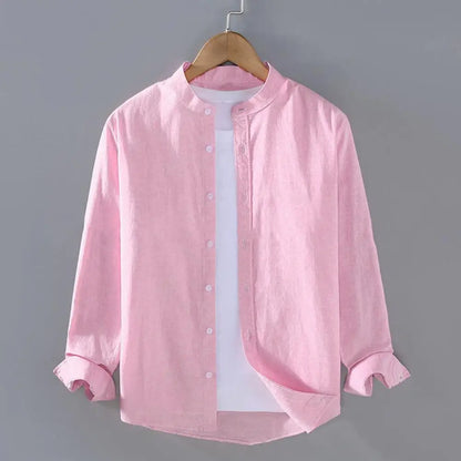 Flax Men Spring and Summer Stand Collar Long Sleeve Men's Shirt
