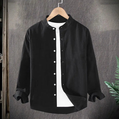 Flax Men Spring and Summer Stand Collar Long Sleeve Men's Shirt