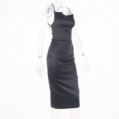 Women's Long Midi Dress -"Neon Satin Elegant sleeveless Bodycon"